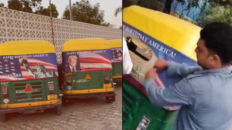 : Delhi auto-rickshaw with removed campaign poster