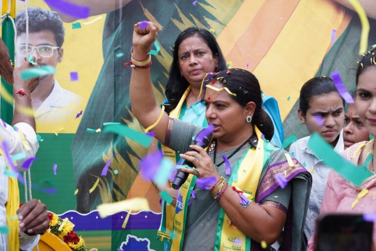 K. Kavitha addressing a public gathering while speaking about the Idupu Kayitham controversy and Pawan Kalyan