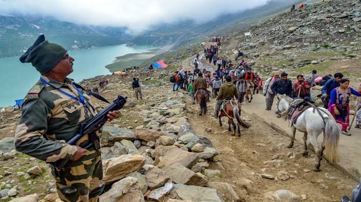 Pilgrims on the Amarnath Yatra 2026 route under tight security in Jammu and Kashmir