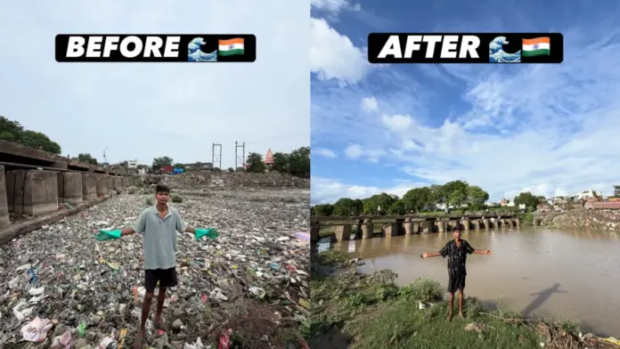 Bittu cleaning waste from the Ajnar River. Bittu cleaning waste from the Ajnar River.