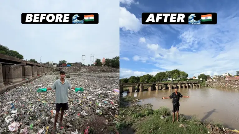 Bittu cleaning waste from the Ajnar River.