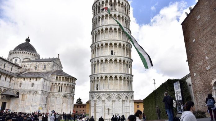 Palestinian flag displayed on Italy’s Leaning Tower of Pisa during a protest.